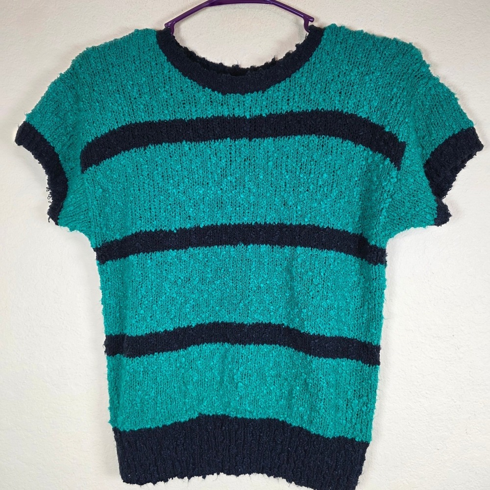 Margules green black‎ Striped chunky Knit Short Sleeve Sweater Top Womens M